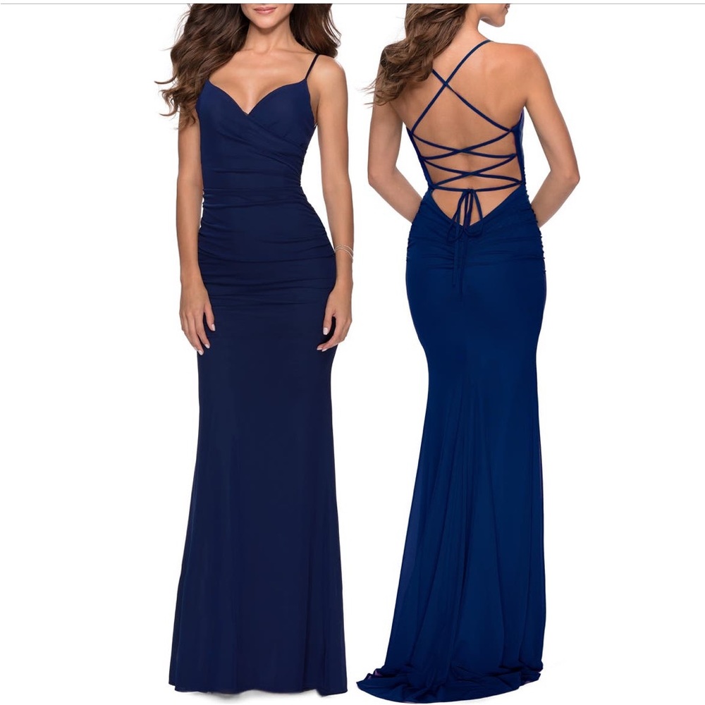 La Femme strappy back ruched trumpet Jersey Column Gown Size 0